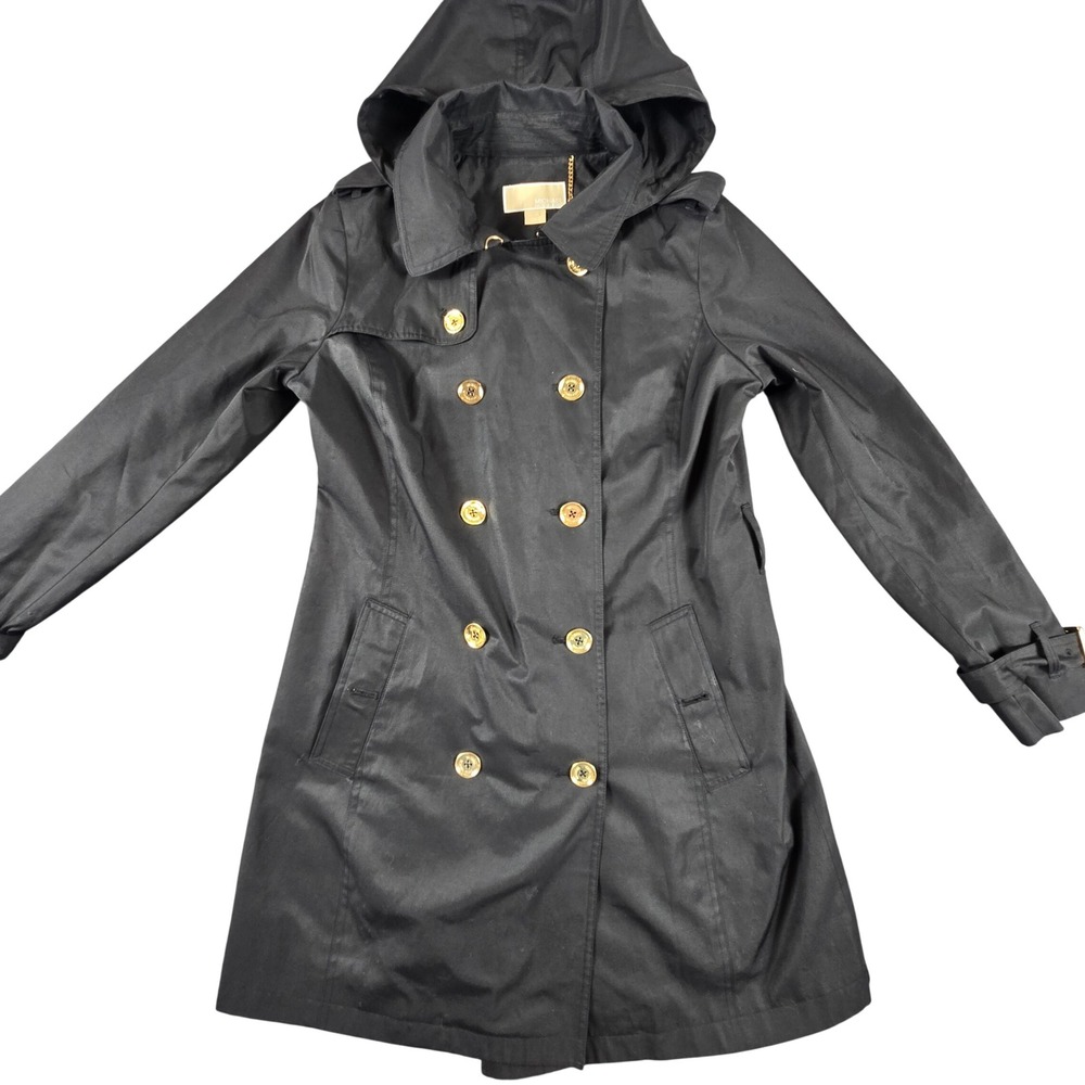 Michael Michael Kors Trench Coat Womens Medium Black Hooded Double Breasted Gold